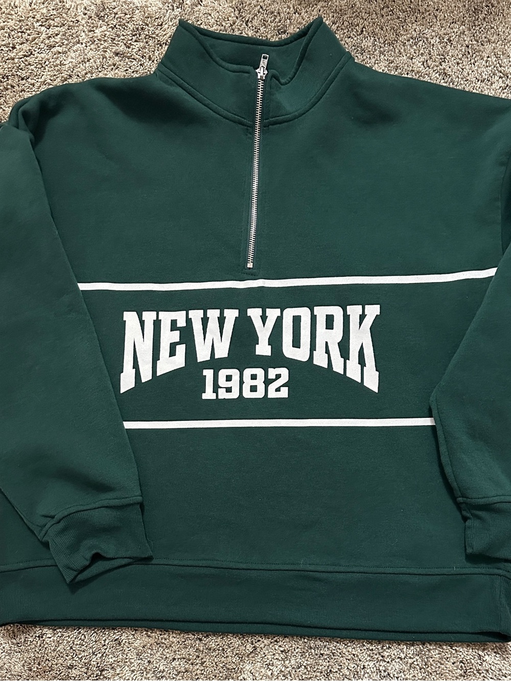 #156 Women's Dark Green Half-Zip 'New York 1982' Pullover Sweatshirt, XL